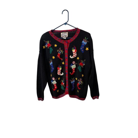 Vintage Christmas Stocking Embroidered Cardigan Sweater Black Red Womens Large - Picture 1 of 6
